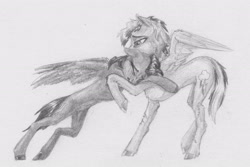 Size: 2279x1524 | Tagged: safe, artist:joestick, rainbow dash, scootaloo, pegasus, pony, g4, crying, female, hug, injured, monochrome, traditional art