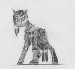 Size: 1861x1722 | Tagged: safe, artist:joestick, twilight sparkle, pony, unicorn, g4, bag, boots, clothes, female, hoodie, mare, monochrome, saddle bag, shoes, solo, traditional art