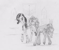 Size: 3478x2916 | Tagged: safe, artist:joestick, pinkie pie, rarity, changeling, earth pony, pony, unicorn, g4, castle, changeling guard, clothes, female, high res, jewelry, mare, monochrome, shoes, traditional art, window