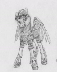 Size: 1372x1734 | Tagged: safe, artist:joestick, rainbow dash, pegasus, pony, g4, armor, female, goggles, looking at you, mare, monochrome, open mouth, spread wings, traditional art, wings