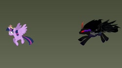 Size: 1024x576 | Tagged: safe, artist:frownfactory, artist:korsoo, artist:venjix5, king sombra, pony of shadows, tempest shadow, twilight sparkle, alicorn, pony, g4, princess twilight sparkle (episode), alicornified, armor, big crown thingy, blank eyes, chase, colored horn, corrupted, crown, curved horn, element of magic, eye scar, female, flying, glowing scar, gradient background, her body has been possessed by sombra, horn, jewelry, looking back, mare, oh no, possessed, race swap, red eyes, regalia, running, scar, solo, sombra eyes, sombra's horn, spread wings, tempest gets her horn back, tempest gets her wings, tempest gets her wings back, tempest gets wings, tempest with sombra's horn, tempesticorn, twilight sparkle (alicorn), vector, well shit, wings, xk-class end-of-the-world scenario