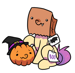 Size: 728x704 | Tagged: safe, artist:paperbagpony, oc, oc only, oc:paper bag, pony, clothes, costume, fake cutie mark, halloween, halloween costume, hat, pumpkin, simple background, solo, white background, witch hat