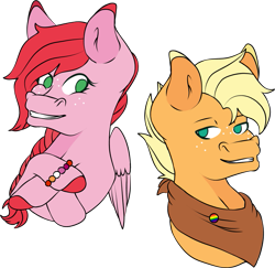 Size: 851x826 | Tagged: safe, artist:matttheenby, oc, oc only, oc:butterscotch shy, oc:daisy macintosh, earth pony, pegasus, pony, brother and sister, bust, female, freckles, handkerchief, male, no pupils, offspring, parent:big macintosh, parent:fluttershy, parents:fluttermac, siblings, simple background, transparent background