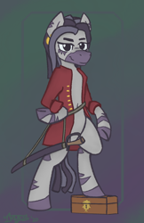 Size: 928x1435 | Tagged: safe, artist:irdes, oc, oc only, oc:silver needle, pony, zebra, box, chest, clothes, coat, dreadlocks, female, pirate, solo, strategically covered, sword, weapon, zebra oc