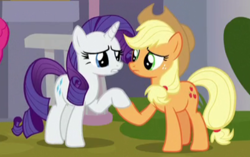 Size: 500x313 | Tagged: safe, screencap, applejack, pinkie pie, rarity, g4, the ending of the end, cropped