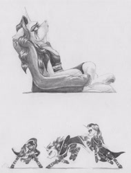 Size: 3146x4132 | Tagged: safe, artist:joestick, rarity, pony, unicorn, g4, boots, chair, cloak, clothes, crying, female, jewelry, jumping, mare, monochrome, necklace, shoes, traditional art