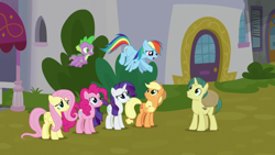 Size: 1920x1080 | Tagged: safe, screencap, applejack, dandy dispatch, fluttershy, pinkie pie, rainbow dash, rarity, spike, dragon, earth pony, pegasus, pony, unicorn, g4, the ending of the end, female, male, mare, stallion, winged spike, wings