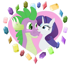 Size: 2400x2200 | Tagged: safe, artist:sixes&sevens, rarity, spike, blushing, cheek kiss, female, gem, heart, kissing, male, older, older spike, shipping, simple background, sparity, straight, transparent background