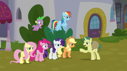 Size: 1920x1080 | Tagged: safe, screencap, applejack, dandy dispatch, fluttershy, pinkie pie, rainbow dash, rarity, spike, dragon, earth pony, pegasus, pony, unicorn, g4, the ending of the end, female, male, mare, stallion, winged spike, wings
