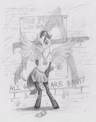 Size: 2629x3328 | Tagged: safe, artist:joestick, oc, pegasus, semi-anthro, anarchy, arm hooves, clothes, female, graffiti, high res, innocent look, mare, monochrome, pegasus oc, poster, punk, skirt, spread wings, traditional art, wall, wings