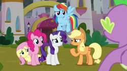 Size: 1920x1080 | Tagged: safe, screencap, applejack, fluttershy, pinkie pie, rainbow dash, rarity, spike, dragon, earth pony, pegasus, pony, g4, the ending of the end, winged spike, wings
