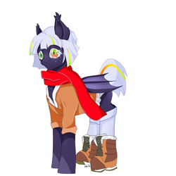 Size: 2900x2900 | Tagged: safe, artist:onyxflexer, oc, oc only, oc:moon silver, bat pony, pony, boots, clothes, coat, commission, female, high res, scarf, shoes, simple background, solo, white background, winter