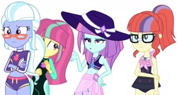 Size: 1280x689 | Tagged: safe, artist:sarahalen, edit, edited screencap, screencap, moondancer, sour sweet, sugarcoat, sunny flare, equestria girls, equestria girls series, forgotten friendship, g4, beach shorts swimsuit, belly button, bikini, bikini top, clothes, clothes swap, glasses, hat, legs together, one-piece swimsuit, sarong, simple background, sun hat, swimsuit, swimsuit swap, vector, wetsuit, white background