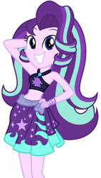 Size: 754x1325 | Tagged: safe, artist:sarahalen, edit, edited screencap, screencap, starlight glimmer, equestria girls, equestria girls specials, g4, my little pony equestria girls: better together, my little pony equestria girls: forgotten friendship, alternate hairstyle, arm behind head, armpits, belly button, big smile, bikini, bikini top, blue eyes, clothes, clothes swap, cutie mark on clothes, female, hand on hip, looking at you, midriff, not a vector, pose, sarong, simple background, skirt, smiling, smiling at you, swimsuit, swimsuit swap, teeth, white background, wrist cuff