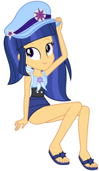 Size: 1152x1988 | Tagged: safe, artist:sarahalen, oc, oc only, oc:velvet sentry, equestria girls, g4, beach shorts swimsuit, clothes, clothes swap, feet, sandals, simple background, solo, swimsuit, swimsuit swap, white background