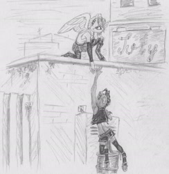 Size: 2389x2447 | Tagged: safe, artist:joestick, oc, oc only, earth pony, pegasus, anthro, unguligrade anthro, barrel, building, city, earth pony oc, fence, high res, monochrome, pegasus oc, traditional art, urban, wings