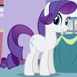 Size: 402x402 | Tagged: safe, screencap, rarity, earth pony, pony, g4, spike at your service, animation error, cropped, female, frown, hornless unicorn, looking at camera, mare, missing horn