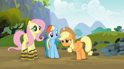 Size: 1280x720 | Tagged: safe, screencap, applejack, fluttershy, rainbow dash, earth pony, pegasus, pony, g4, spike at your service, female, mare