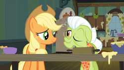 Size: 1280x720 | Tagged: safe, screencap, applejack, granny smith, earth pony, pony, g4, spike at your service, female, mare, one eye closed, wink