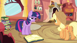 Size: 1280x720 | Tagged: safe, screencap, applejack, twilight sparkle, earth pony, pony, unicorn, g4, my little pony: friendship is magic, spike at your service, book, butt, female, golden oaks library, mare, plot, unicorn twilight