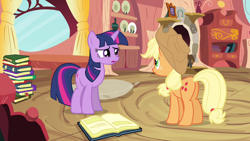 Size: 1280x720 | Tagged: safe, screencap, applejack, twilight sparkle, earth pony, pony, unicorn, g4, my little pony: friendship is magic, spike at your service, book, butt, female, golden oaks library, mare, plot, unicorn twilight