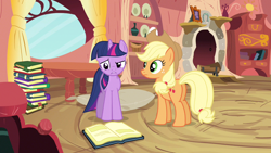 Size: 1280x720 | Tagged: safe, screencap, applejack, twilight sparkle, earth pony, pony, unicorn, g4, spike at your service, book, female, golden oaks library, mare, unicorn twilight