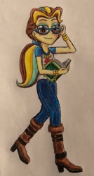 Size: 1024x1917 | Tagged: safe, artist:bozzerkazooers, oc, oc:belle harmony, equestria girls, g4, book, glasses, traditional art