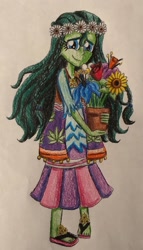 Size: 1024x1791 | Tagged: safe, artist:bozzerkazooers, fluttershy, oc, oc:botanica, equestria girls, g4, flower, green hair, hippie, not wallflower blush, plants, traditional art