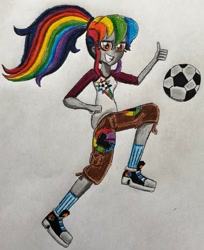 Size: 1024x1254 | Tagged: safe, artist:bozzerkazooers, rainbow dash, oc, oc:color kick, equestria girls, g4, converse, football, ponytail, shoes, sports, traditional art