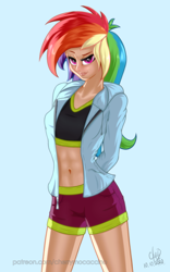 Size: 1200x1920 | Tagged: safe, artist:cherrymocaccino, artist:zuko42, rainbow dash, human, art pack:music album 'e.g.8 themes', equestria girls, g4, arm behind back, belly button, blue background, clothes, confident, denim shorts, female, hood, looking at you, midriff, multicolored hair, pink eyes, rainbow hair, raised eyebrow, shiny skin, shorts, simple background, smiling, smiling at you, solo, sports bra, sports shorts, tomboy, watermark