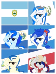 Size: 3106x4096 | Tagged: safe, artist:archooves, edit, oc, oc:anagua, oc:honduras, oc:panchita, oc:princess el salv, oc:princess guatemala, alicorn, earth pony, pony, unicorn, central america, costa rica, el salvador, flag, guatemala, honduras, nation ponies, nicaragua, pointy ponies, ponified, rainbow dash salutes