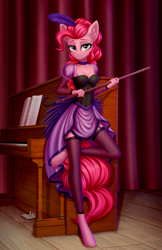 Size: 1502x2313 | Tagged: safe, artist:setharu, pinkie pie, earth pony, anthro, unguligrade anthro, g4, adorasexy, alternate hairstyle, beautiful, blue eyes, blushing, breasts, busty pinkie pie, choker, cleavage, clothes, collar, curtains, cute, diapinkes, dress, feather, female, fishnet stockings, garter belt, legs, looking at you, mare, musical instrument, piano, pink hair, saloon dress, saloon pinkie, sexy, skirt, smiling, socks, solo, stupid sexy pinkie, thigh highs