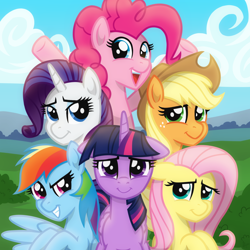 Size: 2048x2048 | Tagged: safe, artist:whitequartztheartist, applejack, fluttershy, pinkie pie, rainbow dash, rarity, twilight sparkle, alicorn, earth pony, pegasus, pony, unicorn, mlp fim's tenth anniversary, g4, floppy ears, group, happy birthday mlp:fim, high res, mane six, twilight sparkle (alicorn)