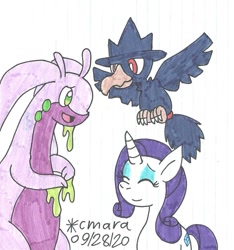 Size: 1130x1208 | Tagged: safe, artist:cmara, rarity, bird, crow, goodra, murkrow, pony, unicorn, g4, crossover, eyes closed, eyeshadow, female, makeup, mare, open mouth, pokémon, simple background, traditional art, video game crossover, white background