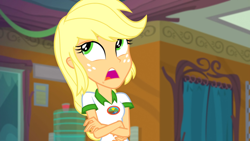 Size: 1920x1080 | Tagged: safe, screencap, applejack, equestria girls, g4, legend of everfree - bloopers, my little pony equestria girls: legend of everfree, crossed arms, solo