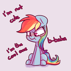 Size: 1500x1500 | Tagged: safe, artist:lou, rainbow dash, pegasus, pony, baka, blatant lies, blushing, cool, cute, dashabetes, denial's not just a river in egypt, embarrassed, female, i'm not cute, mare, pink eyes, rainbow dash is not amused, sitting, solo, tomboy, tsunderainbow, tsundere, unamused, watermark