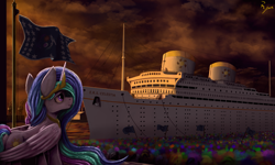 Size: 3669x2200 | Tagged: safe, artist:ryanmandraws, princess celestia, alicorn, pony, equestria at war mod, g4, 30s, atmospheric, butt, cheering, cloud, cloudy, crane, crowd, digital painting, female, flag, flag pole, harbor, high res, looking at something, mare, ocean, ocean liner, painting, plot, realistic, scenery, scenery porn, ship, smiling, solo focus, sunset, wallpaper