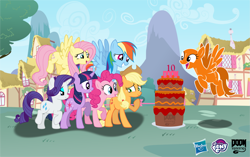 Size: 7375x4623 | Tagged: safe, artist:isaac_pony, applejack, fluttershy, pinkie pie, rainbow dash, rarity, twilight sparkle, oc, oc:not texture, alicorn, earth pony, pegasus, pony, unicorn, mlp fim's tenth anniversary, g4, cake, doom, doom equestria, female, food, friendship, group, happy, happy birthday mlp:fim, hasbro logo, logo, mane six, show accurate, shy, smiling, unicorn twilight, vector