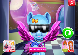 Size: 798x569 | Tagged: safe, rainbow dash, pegasus, pony, g4, bald, balderdash, bootleg, clothes, flash game, rainbow dash real haircuts, screenshots, smiling, solo, sunglasses, wings