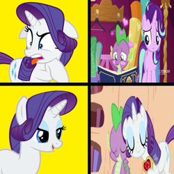 Size: 1300x1300 | Tagged: safe, rarity, spike, starlight glimmer, dragon, g4, book, female, fire ruby, gem, golden oaks library, heart, hotline bling, male, meme, op is a duck, op is trying to start shit, out of context, ruby, ship:sparity, ship:sparlight, shipping, straight, winged spike, wings