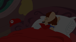 Size: 1088x604 | Tagged: safe, artist:jadatwilightmoon, artist:user15432, pegasus, pony, bad dream, base used, bed, bedroom, blanket, cap, clothes, crossover, frightened, gloves, hat, long sleeved shirt, long sleeves, male, mario, mario's hat, night, nightmare, nintendo, overalls, pillow, ponified, scared, shirt, sleeping, solo, super mario bros., undershirt, window