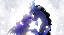 Size: 1200x674 | Tagged: safe, artist:fluttershyfilly-yay, discord, fluttershy, draconequus, pegasus, pony, fanfic:bride of discord, g4, abstract background, alternate hairstyle, backlighting, blushing, bowtie, clothes, dress, eye contact, female, floppy ears, holding hooves, looking at each other, male, mare, open mouth, profile, ship:discoshy, shipping, smiling, spread wings, straight, suit, thick eyebrows, tuxedo, wings