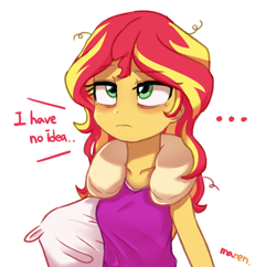 Size: 2500x2417 | Tagged: safe, artist:maren, sunset shimmer, equestria girls, g4, ..., clothes, dialogue, female, high res, neck pillow, pillow, signature, simple background, solo, tired, white background