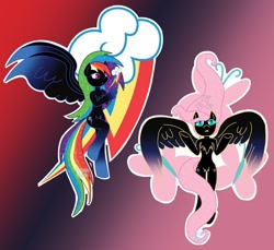 Size: 1024x939 | Tagged: safe, artist:lolitablue, fluttershy, rainbow dash, pegasus, semi-anthro, g4, arm hooves, cutie mark background, duo, female, nightmare fluttershy, nightmare rainbow dash, nightmarified, spread wings, wings