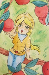 Size: 665x1008 | Tagged: safe, artist:officiallemonpi, applejack, human, g4, apple, apple tree, clothes, female, food, hat, humanized, looking up, open mouth, outdoors, reaching, reaching up, rolled up sleeves, shirt, sitting, solo, traditional art, tree, tree branch