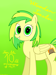 Size: 3016x4032 | Tagged: safe, artist:rainbowšpekgs, oc, oc only, oc:wooden toaster, pegasus, pony, mlp fim's tenth anniversary, cursive writing, happy birthday mlp:fim, poster, simple background, smiling, solo, standing, text, wings, writing