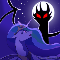 Size: 1890x1890 | Tagged: safe, artist:stargazerseven, princess celestia, alicorn, dragon, pony, g4, duo, female, full moon, looking back, mare, moon, night, open mouth, peytral, scared, stars