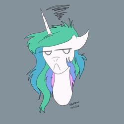 Size: 1080x1080 | Tagged: safe, artist:stargazerseven, princess celestia, alicorn, pony, g4, bust, celestia is not amused, female, frown, gray background, grumpy, mare, messy mane, missing accessory, signature, simple background, solo, unamused