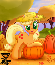 Size: 3000x3562 | Tagged: safe, artist:theretroart88, applejack, earth pony, pony, g4, autumn, cute, cutie mark, female, halloween, high res, holiday, jackabetes, looking at you, mare, open mouth, pumpkin, solo, tree