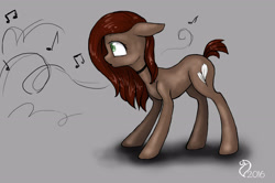 Size: 3190x2114 | Tagged: safe, artist:cvanilda, oc, oc only, earth pony, pony, choker, earth pony oc, gray background, high res, music notes, signature, simple background, solo